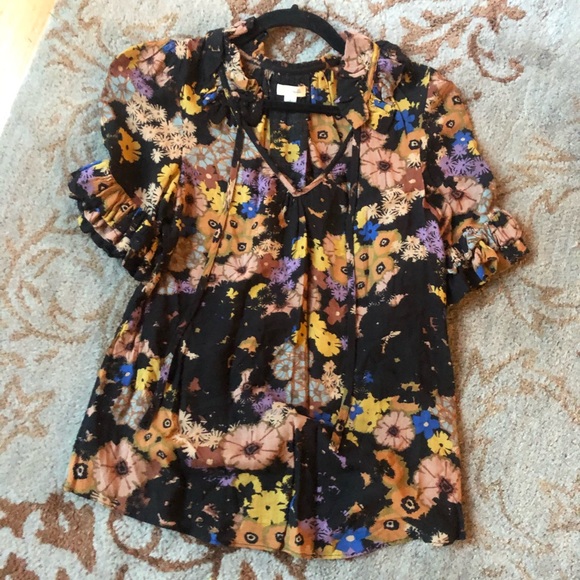 Anthropologie ODILLE Black Floral Bianka Blouse - Picture 5 of 8